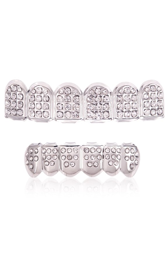 18K Silver Plated Grillz Teeth Set for Men Women, Custom Fit Top & Bottom Mouth Caps, Hip Hop Party Costume Jewelry with Molding Bars