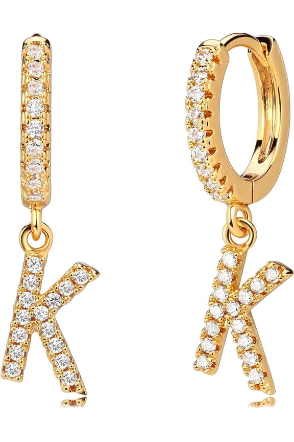 18K Dainty Gold Filled Pave Cubic Zircon Letter Charm Huggie Hoop Earrings Wear Initials A-Z 26 Letter Charm Earrings Personalized Tiny Dangle Minimalist Initial Jewelry[Z1]