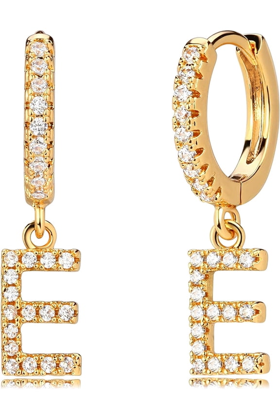 18K Dainty Gold Filled Pave Cubic Zircon Letter Charm Huggie Hoop Earrings Wear Initials A-Z 26 Letter Charm Earrings Personalized Tiny Dangle Minimalist Initial Jewelry[Z1]