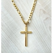 BINTU 18K FIGARO Gold Cross with Bevel Edges for Men Boys Fathers Husband perfect gift with 5MM cuban link chain