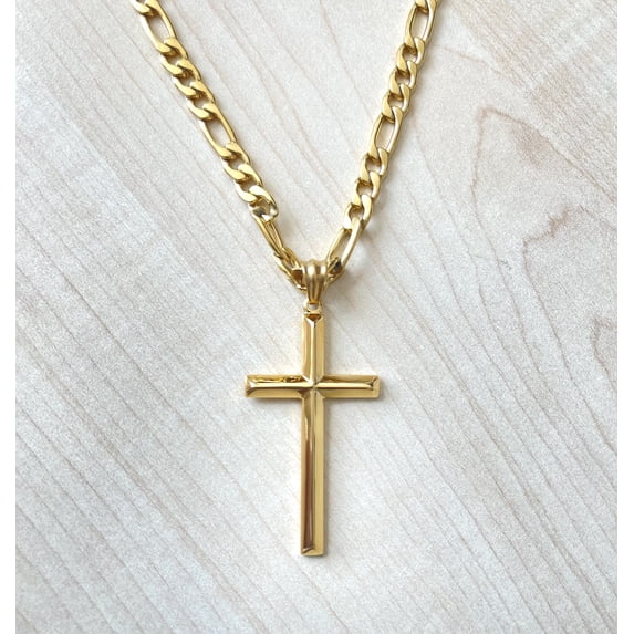 Bintu 18K Gold Figaro Cross with Bevel Edges, Gold plated Necklace for 5MM Cuban Link Chain for Men & Boys