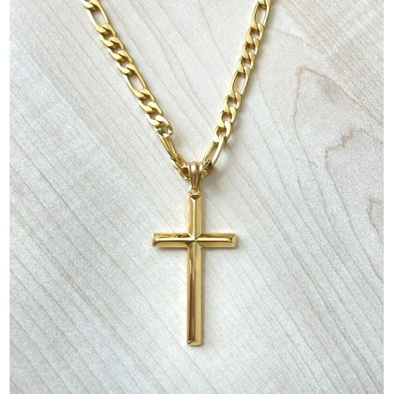 18K FIGARO Gold Cross with Bevel Edges for Men Gold plated Necklace for Fathers Husband perfect gift with 5MM cuban link chain