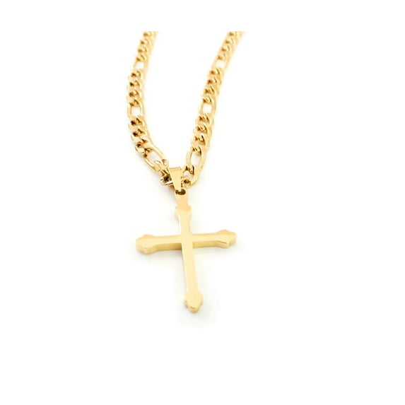 18K Figaro Gold Cross Pendant Necklace for Men, Women, Fashion Jewelry, Wear Alone or with Pendant