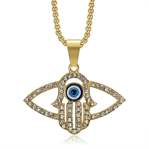 18K Gold Black Plated Blue Evil Eye Beads Fatima Hamsa Hand Egyptian Pendant Stainless Steel Necklace for Men Women, 24 Inch Chain Religious Amulet Jewelry Gift