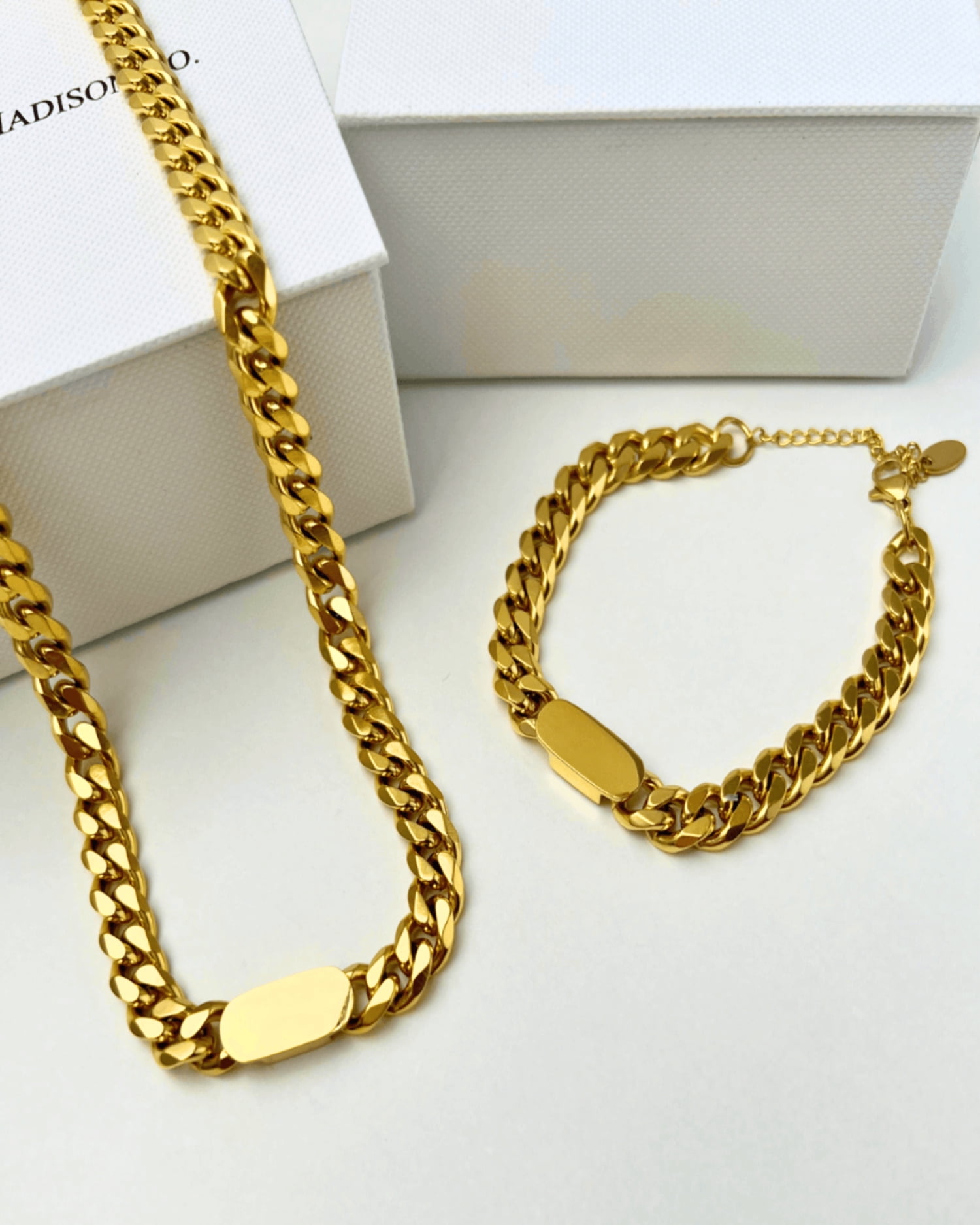 Women's 18K Gold Chain Necklace Bracelet Bundle Set - MASON CHUNKY CHAIN™ To Be Elegant