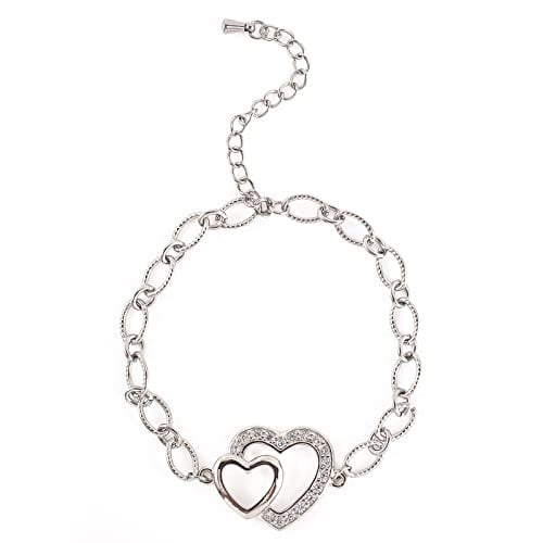 18K Gold Double Hearts Link Chain Bracelets,Adjustable Heart Charm Rolo