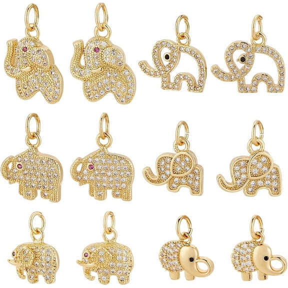 18K Gold Elephant Charms 6 Style Golden Lucky Pendants Brass Animal Dangle Charms With Rhinestone for Earring Keychain Bracelets Jewelry Craft Making (12pcs)