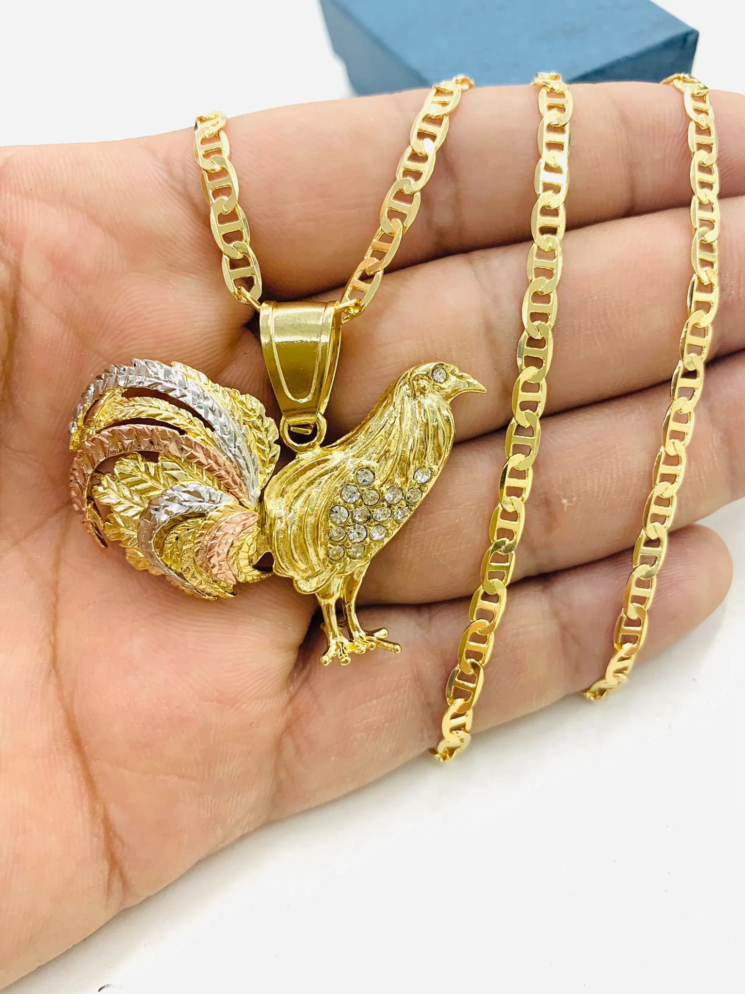 PRIMEJEWELRY269 18K Gold F Rooster Necklace Pendant CZ Womens Mens 24" Mariner Medalla Gallo - Prime Jewelry 269