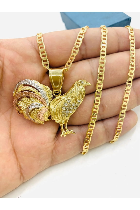 18K Gold F Rooster Necklace Pendant CZ Womens Mens 24" Mariner Medalla Gallo - Prime Jewelry 269