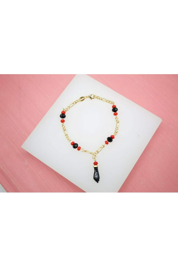 18K Gold Filled Azabache 3mm Figaro Chain Bracelet With Protection Charm (I404)