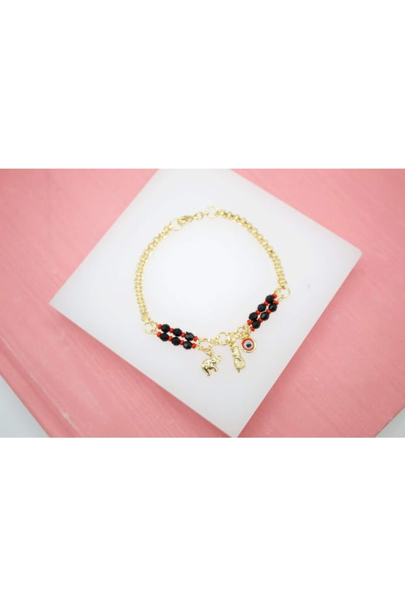 18K Gold Filled Azabache Chain Bracelet With Elephant, Evil Eye, Protection Charm (I88)