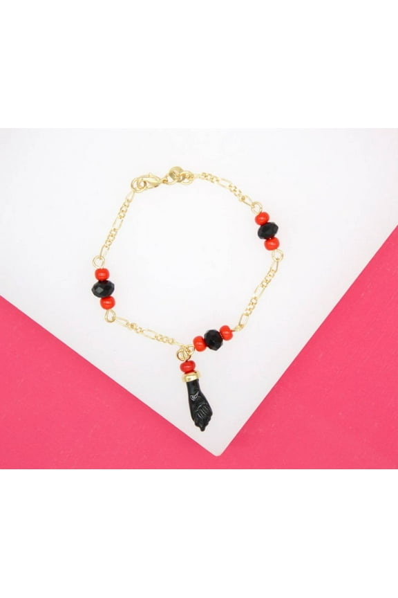 18K Gold Filled Azabache Figa Hand 2mm Figaro Bracelet With Protection Charm (XX15)