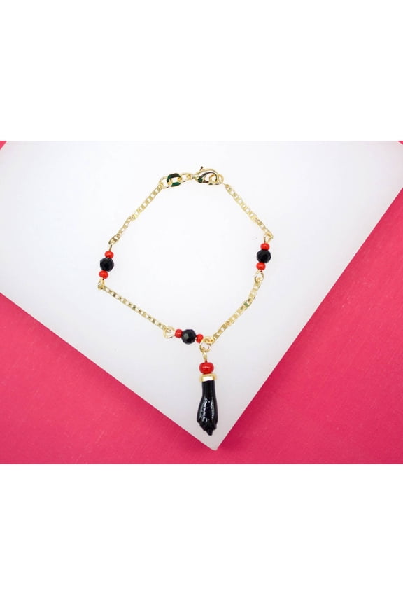 18K Gold Filled Azabache Figa Hand 2mm Mariner Chain Bracelet With Protection Charm