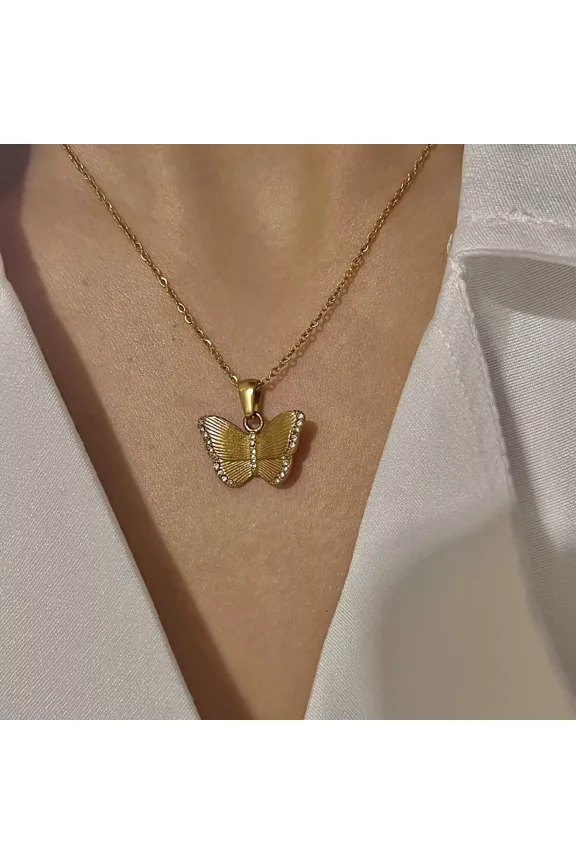 JEWELRY 18K Yellow Gold-Filled Butterfly Pendant Necklace for Women Non-Tarnish - Comfortable Fit 18"