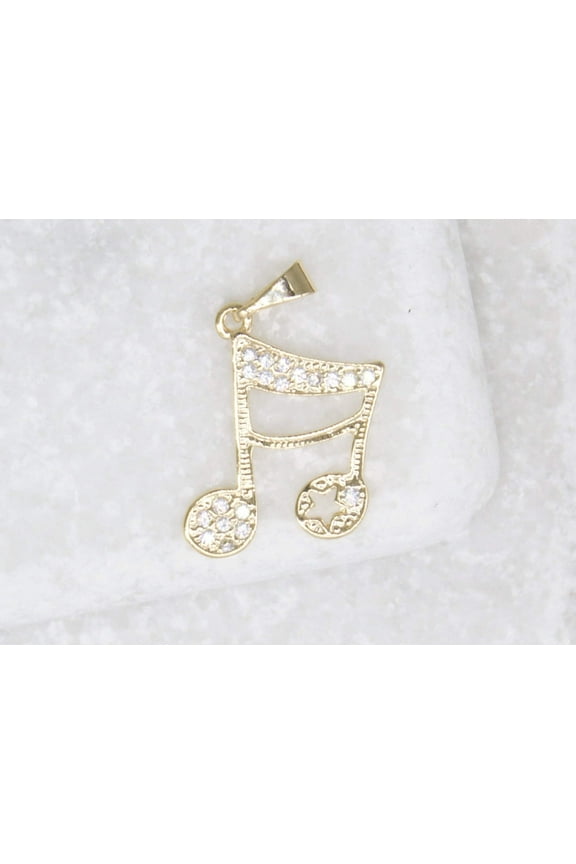 18K Gold Filled CZ Stone Double Bar Note Pendant, Music Note, Music Symbol, Jewelry Making Music Note Charm