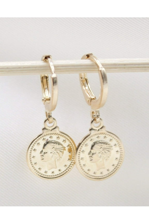 18K Gold Filled Coin Charm Dainty Dangle Hoop Dangle Earring (L336)