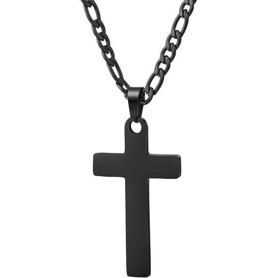 18K Gold Filled Cross Necklace for Men Stainless Steel Figaro Chain Silver Black Cross Pendant Necklace for Men Women 18"- 20"