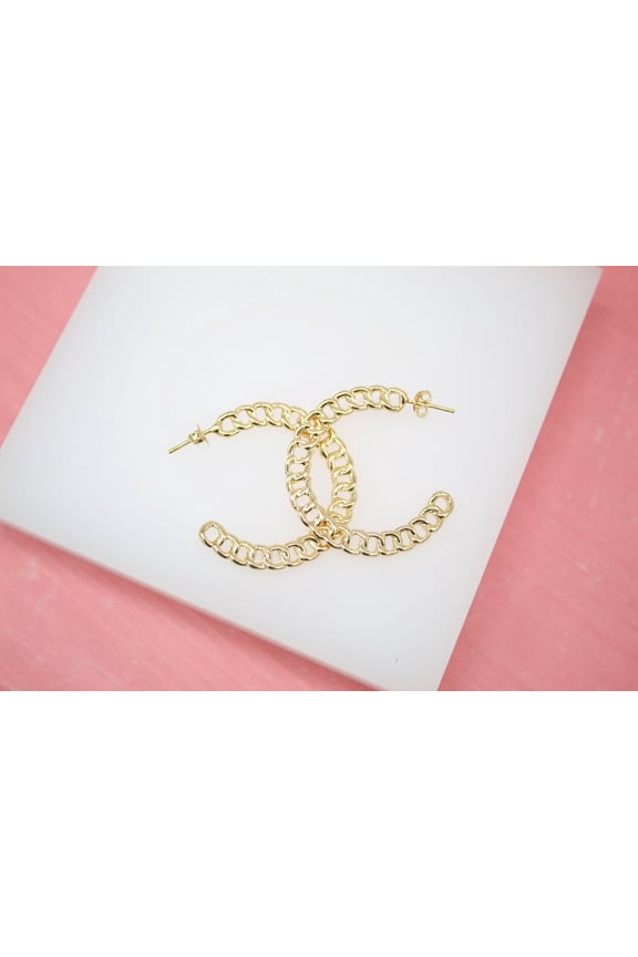 18K Gold Filled Dainty Curb Cuban Link Open Hoop Earrings (K176)