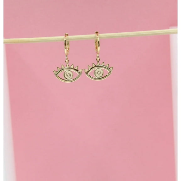 18K Gold Filled Dangle Outlined Evil Eye Charm Lever Back Earrings