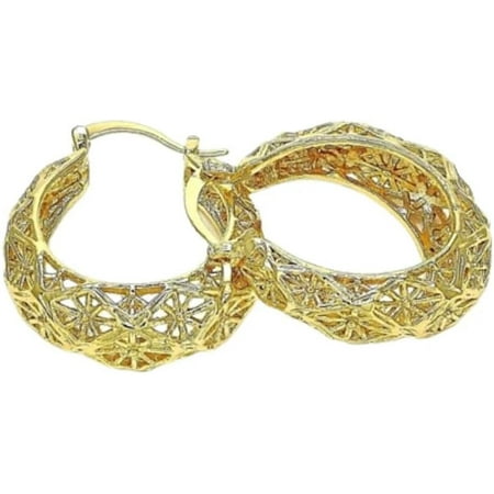 18K Gold-Filled Diamond-Cut Fancy Filigree Textured Hoop Earrings[z833]
