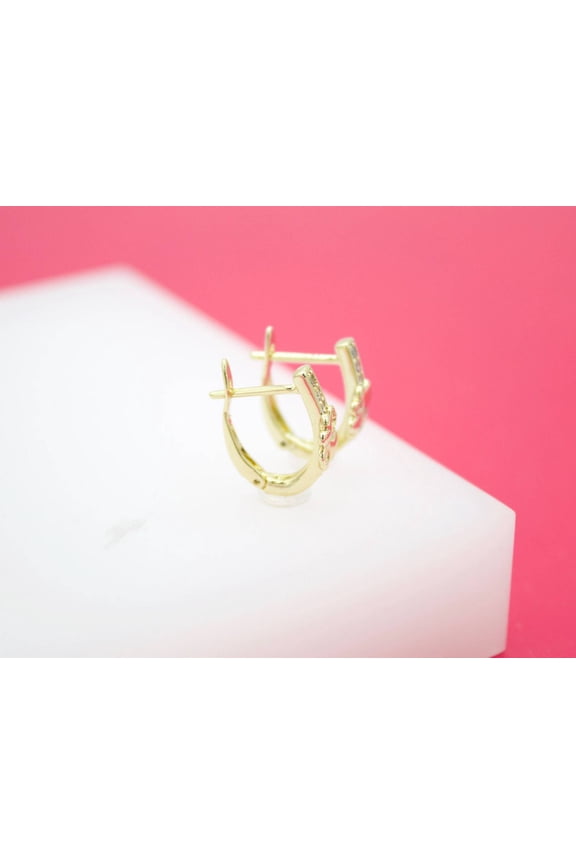 18K Gold Filled Four Leaf Clover Lucky Huggies Pave Earrings With CZ Stones (L198)