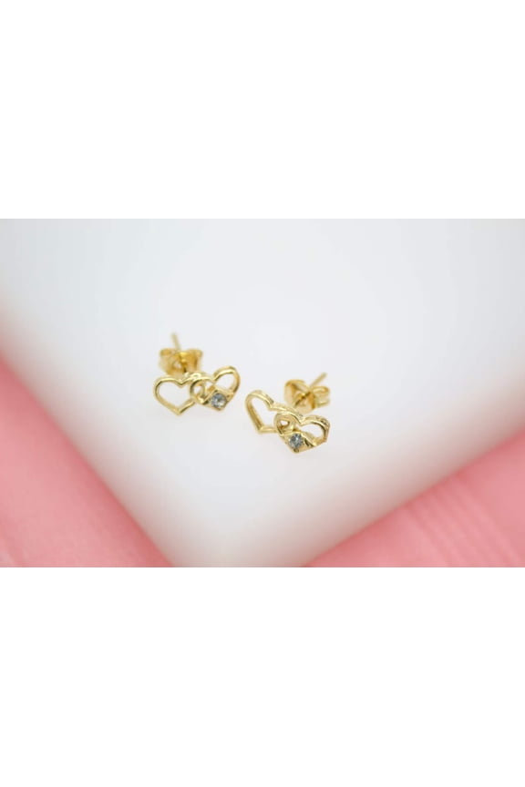 18K Gold Filled Gold Hearts Stud Earrings With A Cubic Zirconia Stone