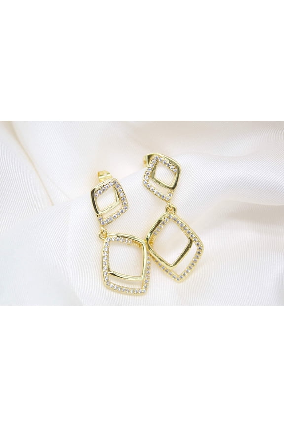 18K Gold Filled Modern Dangle Double Rings With CZ Cubic Zirconia Stone