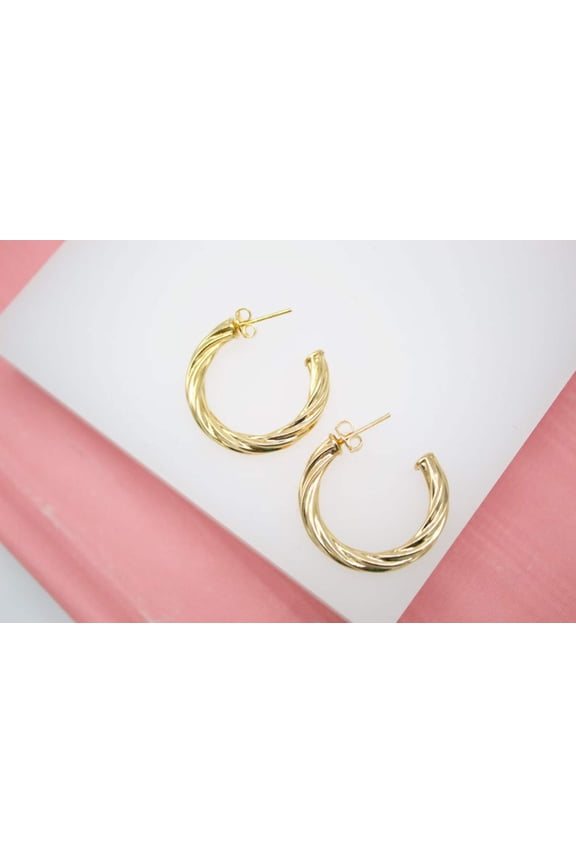 18K Gold Filled Open Hoop Twisted Rope Stud Earrings (J129)