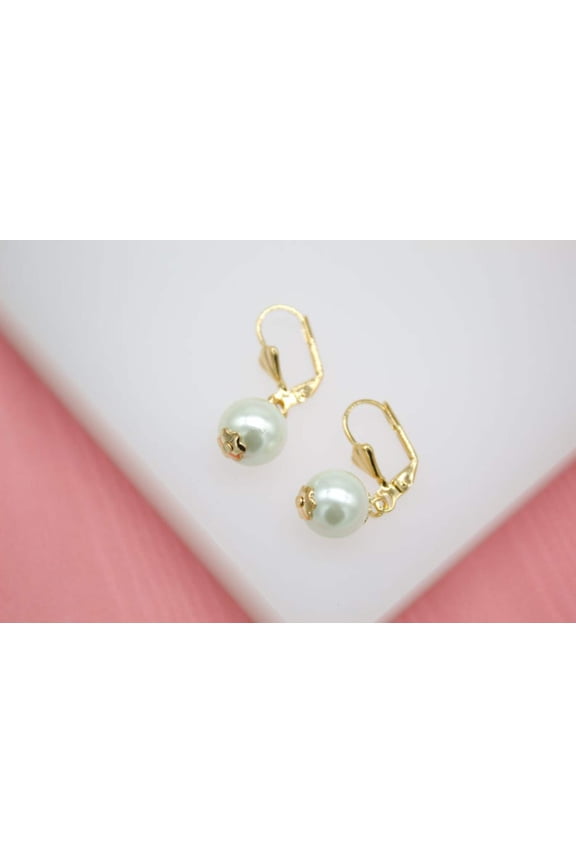 18K Gold Filled Pearl French Hoop Lock Earrings (L54)
