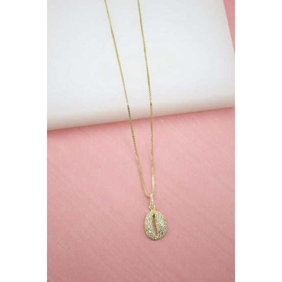 18K Gold Filled Puka Sea Shell Pendant Dainty Delicate Necklace With Clear Cubic Zirconia Stones (G127)