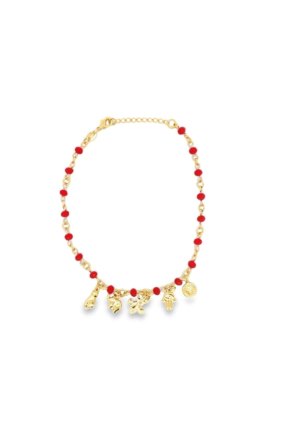 18K Gold Filled Red Bead Figa, Hamsa, Royal, Elephant Dangle Charms Anklet For Wholesale Dainty Ankle Body Jewelry (E101)