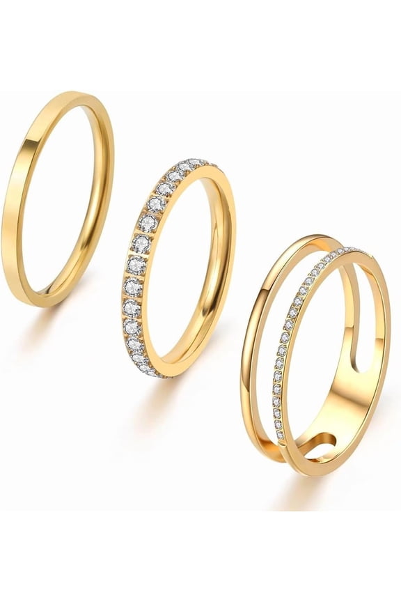 18K Gold Filled Rings for Women Dainty Cubic Zirconia Dual Stacking Stackable 3 Rings Set | Eternity Band for Women | Thin Gold wedding band Thumb Ring