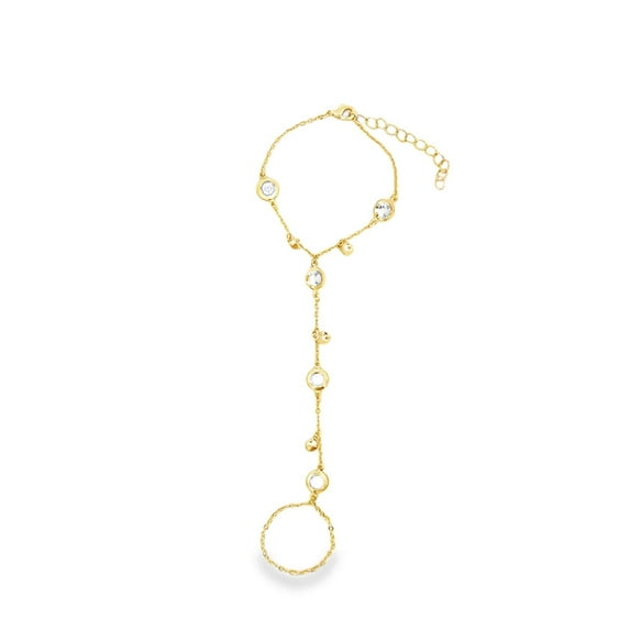 18K Gold Filled Rolo Link Hand Chain Bracelet With Dangle Discs And Zirconia stones (I444)