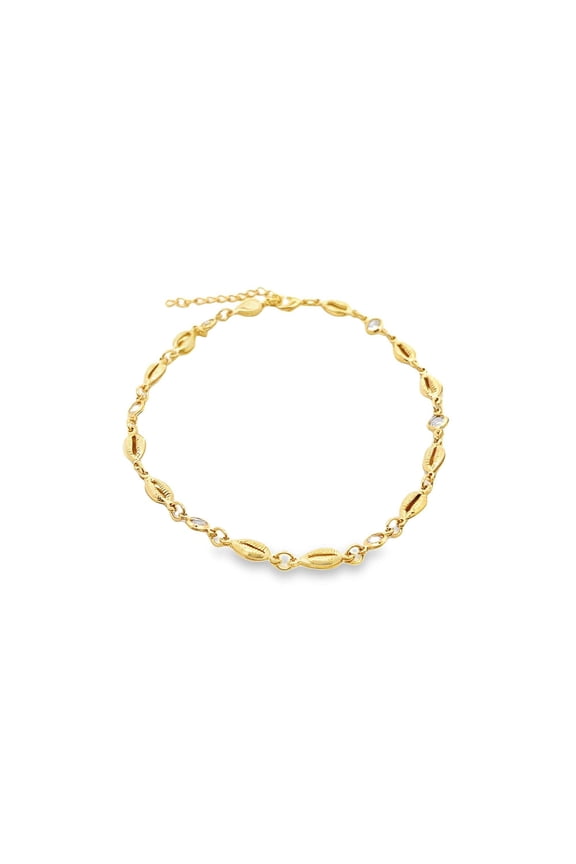 18K Gold Filled Sea Ocean Puka Shell Charm Anklet With Round Clear CZ Stones (E37)