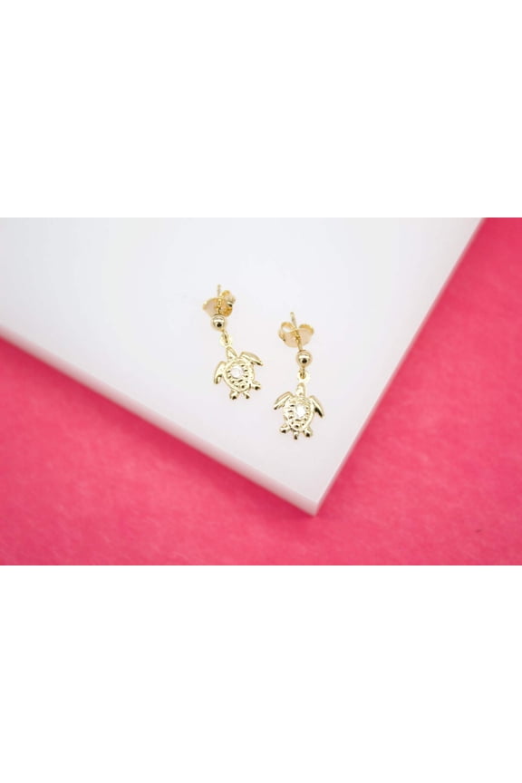18K Gold Filled Sea Turtle Stud Dangle Earrings With CZ Stones (L17)