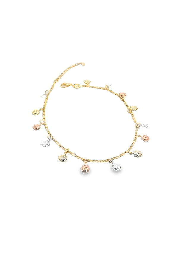 18K Gold Filled Sun Charm Figaro Chain Link Anklet (E247)