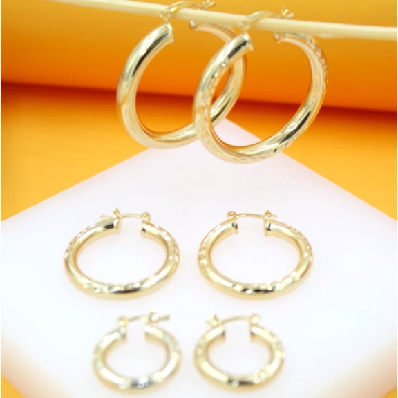 18K Gold Filled Thick Textured Latch Back Hoop Earrings (K48A)