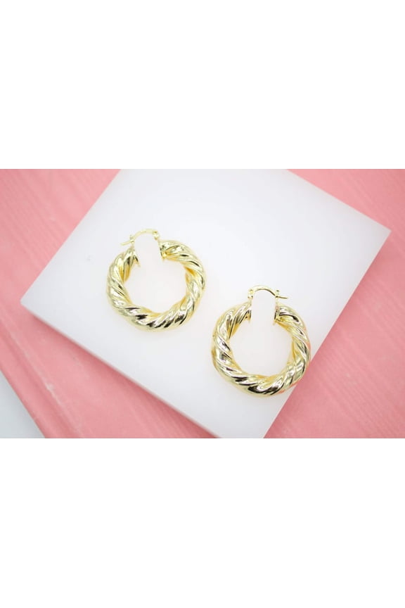 18K Gold Filled Thick Twisted Hoops French Hook Lever Back Hoop (K37)