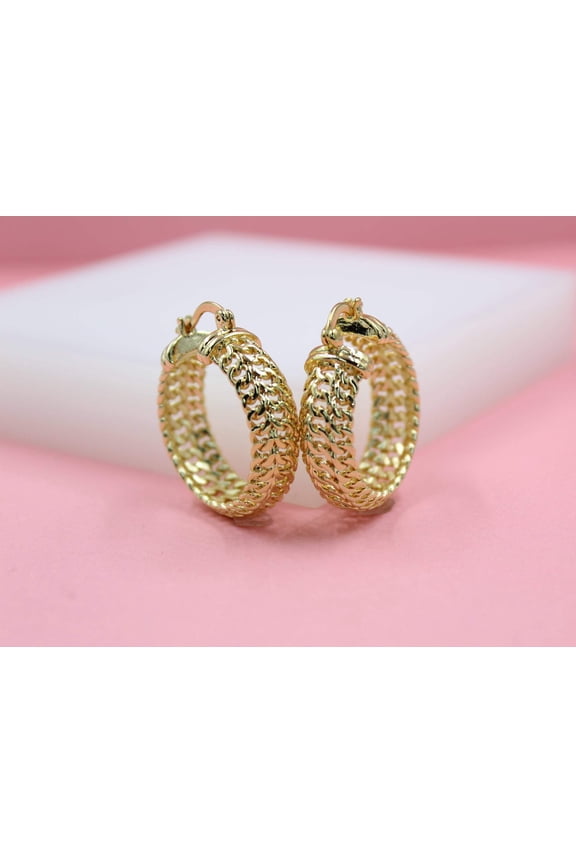 18K Gold Filled Triple Cuban Style Latch Back Hoop Earrings (K82)