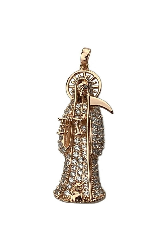 18K Gold Finish La Santa Muerte Pendant Holy Death Iced Micro Pave Bling Charm 2" inch