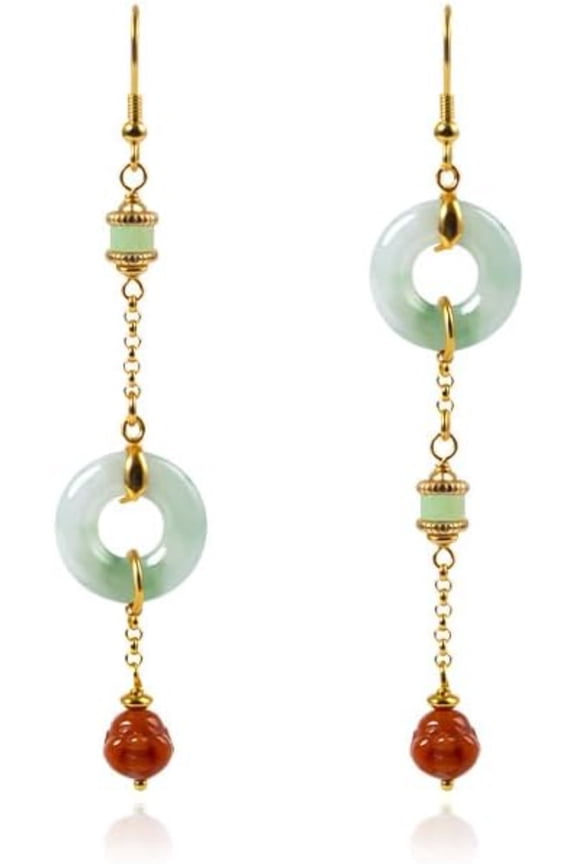18K Gold Grade A Jade Asymmetrical Dangle Earrings, Lunar New Year Lucky Charm, Beautiful Women's Jewelry Gift