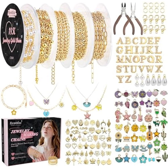 18K Gold Jewelry Making Kit with Gift Box - 16.6ft 5 Rolls DIY Bracelet & Necklace Chains with 136 Pendants, Jump Rings, Lobster Clasps, Jewelry Pliers &  Making Kit, Christmas Gift