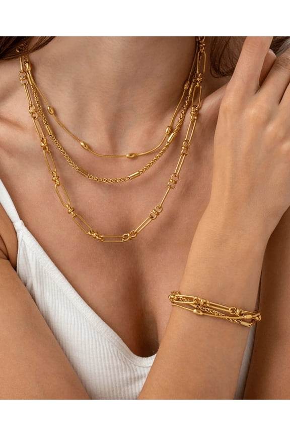 Women's 18K Gold Layered Chain Necklace Bracelet Bundle Set