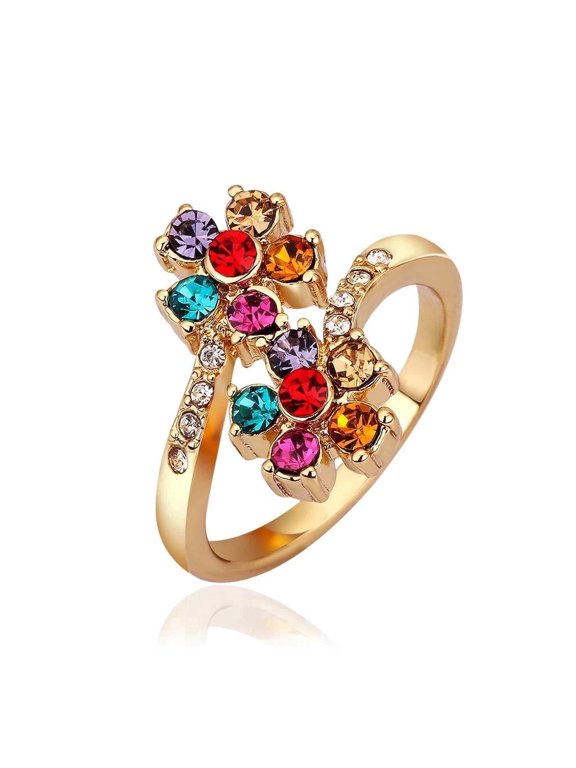 Gold Tone Multicolor Crystal Flower Fashion Ring Statement B111