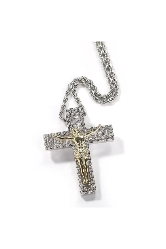 18K Gold Over Finish Simulated Diamond Iced Out Holy Jesus Christ Cross Crucifix Custom Charm Pendant Necklace, Christmas Gift, Free chain