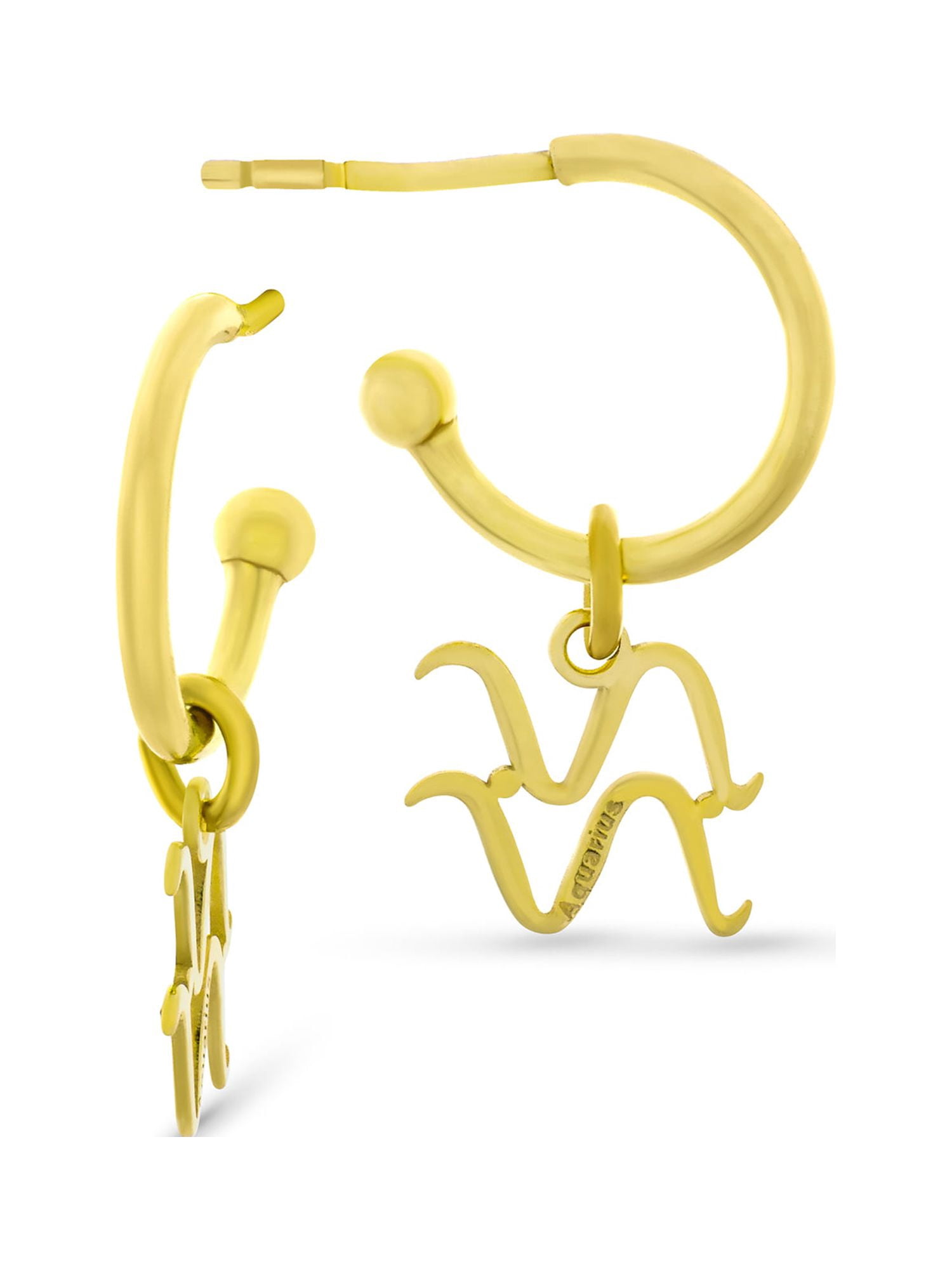 18K Gold Over Sterling Silver Aquarius Zodiac Symbol Hoop Earrings