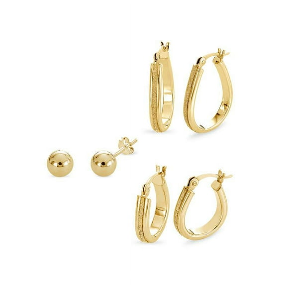 18K Gold Over Sterling Silver Glitter Hoops And Ball Studs Earrings Set