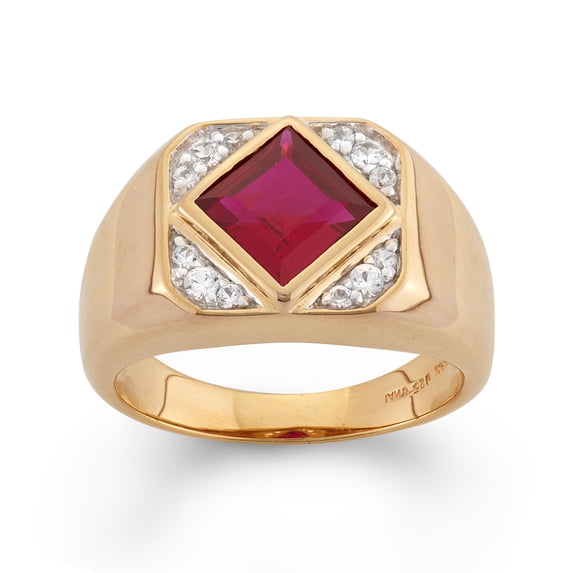 18K Gold Over Sterling Silver Square Created Ruby and Created White Sapphire Men's Ring Size 10