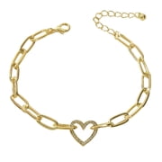 18K Gold Paper Clip Heart Bracelet with Crystals, Gold over Stainless Steel
