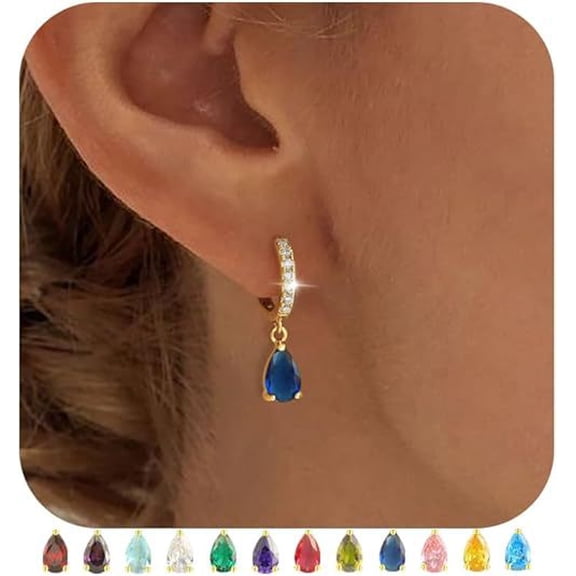 18K Gold Plated 12 Month Birthstone Stud Earrings for Women Colorful CZ Dangle Drop Earrings Jewelry Gift